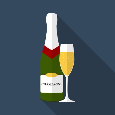 Düz dizayn modern vektör illüstrasyonlu şampanya şişesi.