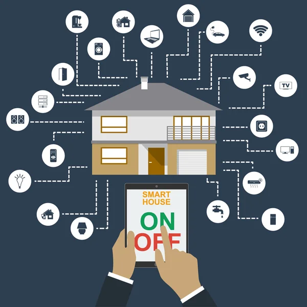 Hogar inteligente. Concepto de ilustración vectorial de estilo de diseño plano de sistema de tecnología de casa inteligente con control centralizado — Vector de stock