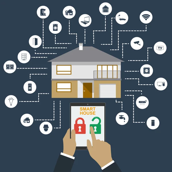 Hogar inteligente. Concepto de ilustración vectorial de estilo de diseño plano de sistema de tecnología de casa inteligente con control centralizado — Vector de stock