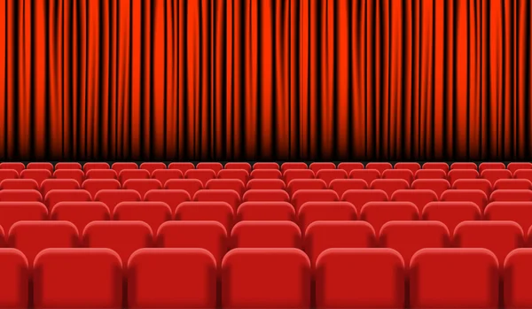 Theater auditorium with rows of red seats and stage with curtain — Stock Vector