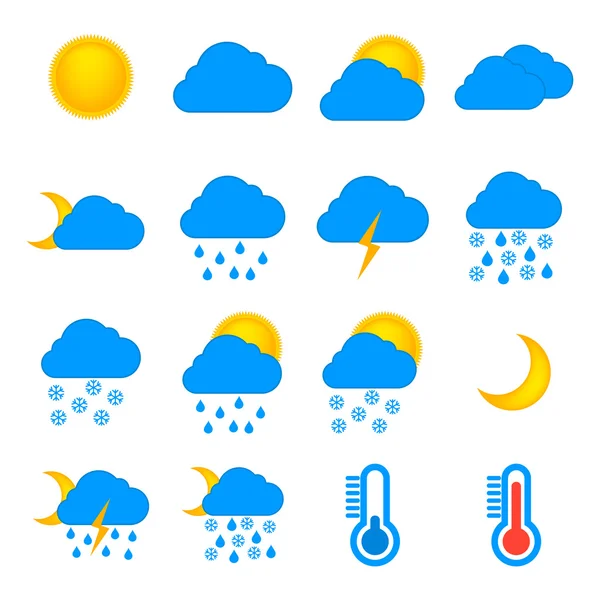 Pronóstico del tiempo y meteorología símbolos iconos conjunto plano — Archivo Imágenes Vectoriales