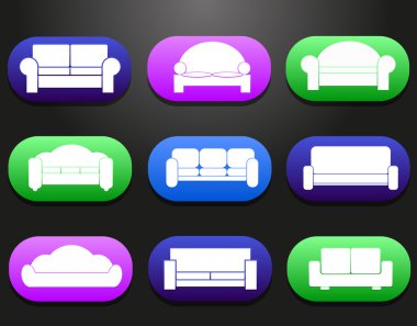 Rahat oturma odası vektör çizim için kanepeler ve kanepe mobilya Icons set