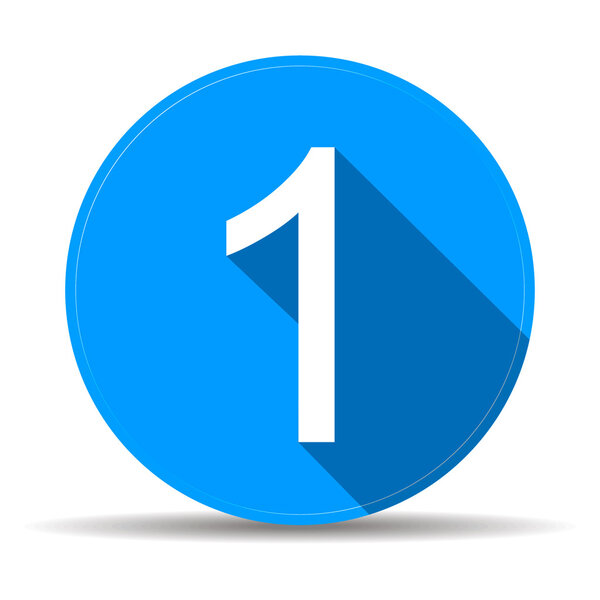 Blue 1 flat icon button with long shadow