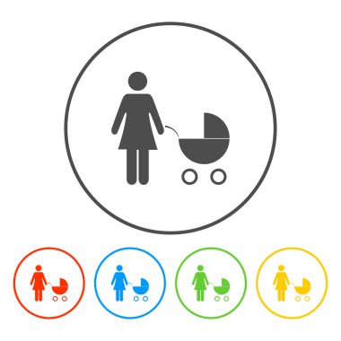 Çocuk arabası piktogram düz simgesi olan kadın
