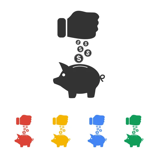 Piggy bank dan tangan dengan koin hitam icon.vector ilustrasi , - Stok Vektor