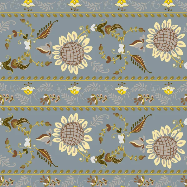 Vector bloemloze naadloze patroon met bloemen zonnebloem in russische folk kunst schilderen stijl — Stockvector