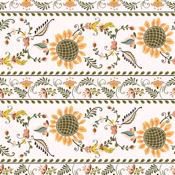 Motif floral vectoriel sans couture avec des fleurs tournesol dans le style de peinture d'art populaire russe — Image vectorielle