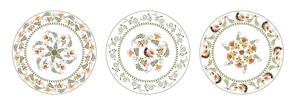 Ensemble de plaque vectorielle avec des fleurs d'ornement floral et des oiseaux dans le style de peinture d'art populaire russe — Image vectorielle