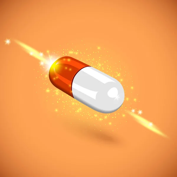 Una Pillola Vicino Vola Brilla Sfondo Arancio Illustrazione Vettoriale Variopinta — Vettoriale Stock