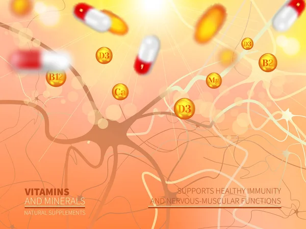 Pastillas Cápsulas Voladoras Las Vitaminas Que Caen Gotas Fondo Desenfoque — Vector de stock