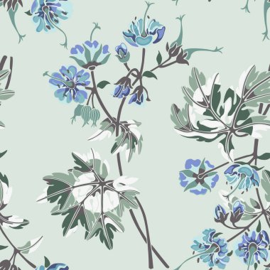 Renkli sardunya çiçekleriyle kusursuz desen ve pastel renklerde yapraklar..