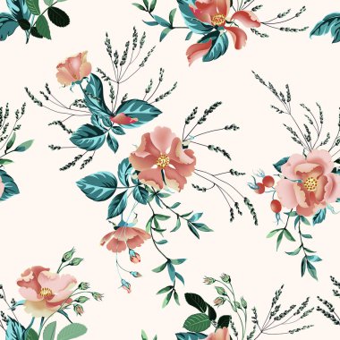 Güzel pembe yaban gülü ve beyaz arka planda rastgele dağılmış gül kalçalı şık çiçek arkaplanı..