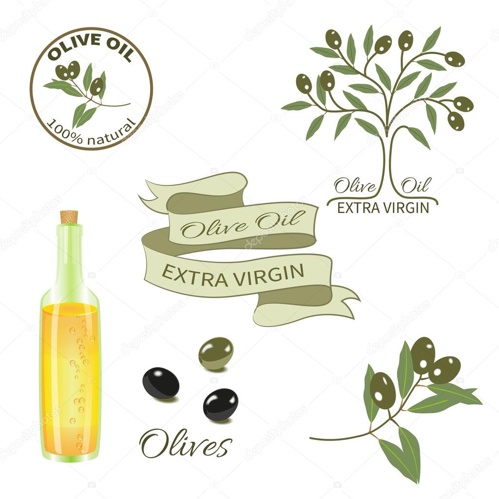 Set for design.A bottle of olive oil, the olive tree,branch with olives, tape