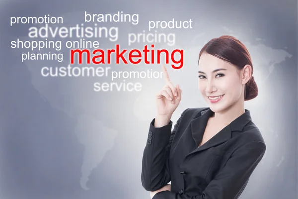 Empresária com sinal de marketing — Fotografia de Stock