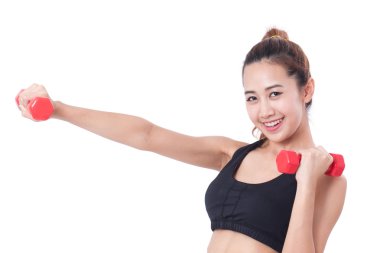 Ağırlık kaldırma ile egzersiz yaparak genç kadın portresi