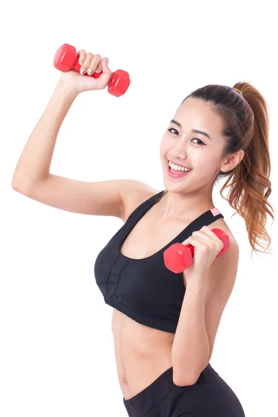 Gelukkig jonge vrouw fitness oefening met een hand gewichten doet. gezonde levensstijl. — Stockfoto