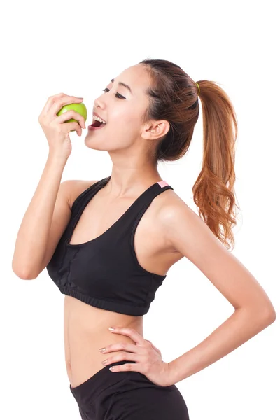 Régime alimentaire riche manger femme tenant pomme pour la perte de poids sur fond blanc . — Photo