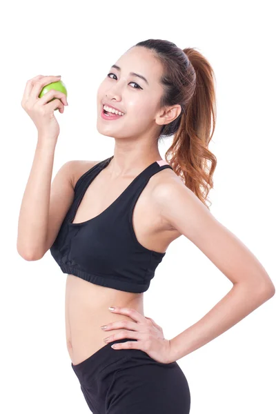 Υγιεινή διατροφή, τρώγοντας μήλων εκμετάλλευσής γυναίκα για αδυνατίσματος σε άσπρο φόντο. — Φωτογραφία Αρχείου