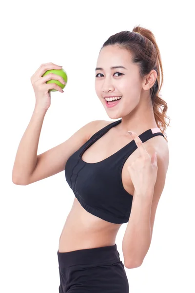 健康的饮食习惯，在白色背景上吃减肥的女人控股苹果. — 图库照片