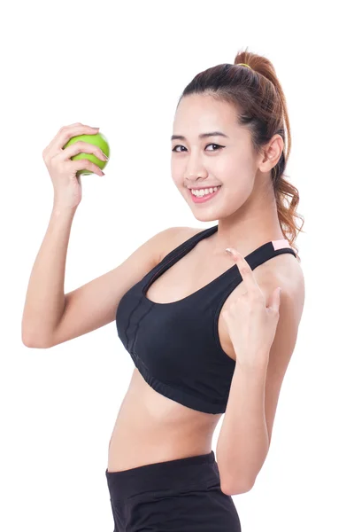 Dieta saludable comer mujer sosteniendo manzana para la pérdida de peso sobre fondo blanco . —  Fotos de Stock