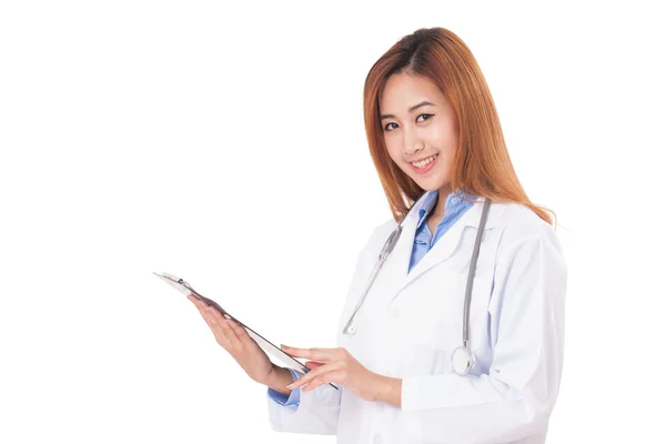 Portrait of female doctor with a medical prescription on white background — Stock Photo, Image