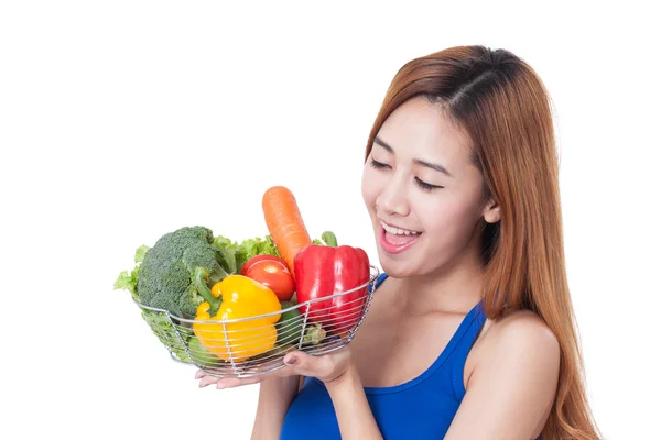 Healthy eating, happy young woman with vegetables on white background — Stock Photo, Image
