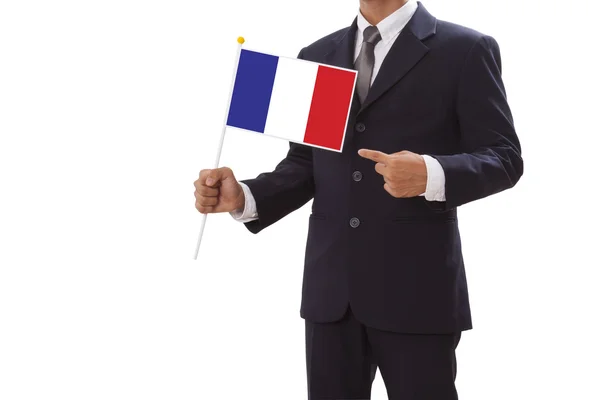 Podnikatel v obleku držení vlajky Francie — Stock fotografie