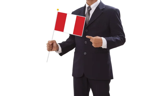 Affärsman i kostym innehav av flaggan Peru — Stockfoto