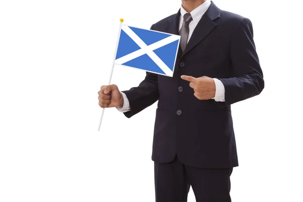 Businessman in suit holding of Scotland Flag — Stock Photo, Image