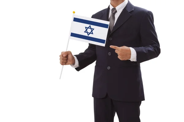 Biznesmen w garniturze gospodarstwa flagi Izraela — Zdjęcie stockowe