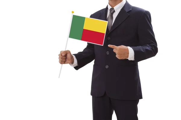 Businessman in suit holding of the Benin Flag — Stock Photo, Image