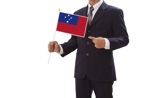 Businessman in suit holding of the Samoa Flag — Stock Photo, Image