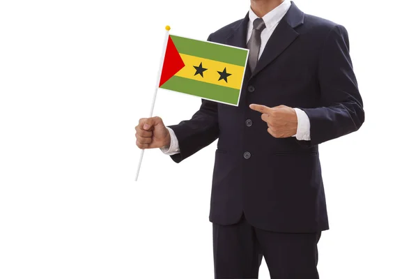 Businessman in suit holding of the Sao Tome and Principe Flag — Stock Photo, Image