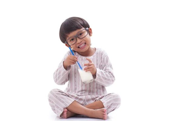 Happy boy drink milk — Stock Photo, Image