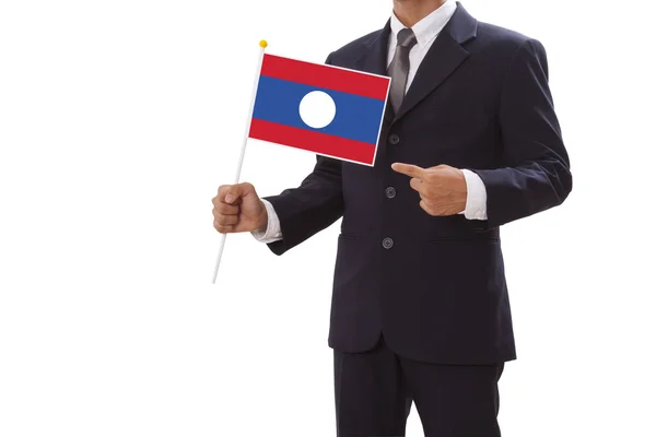 Podnikatel v obleku drží vlajka Laosu — Stock fotografie