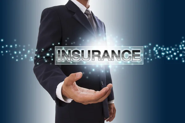 Businessman hand showing insurance button on virtual screen. — Stock Photo, Image