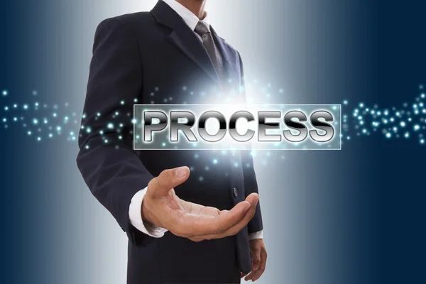 Businessman hand showing process button on virtual screen. — Stock Photo, Image