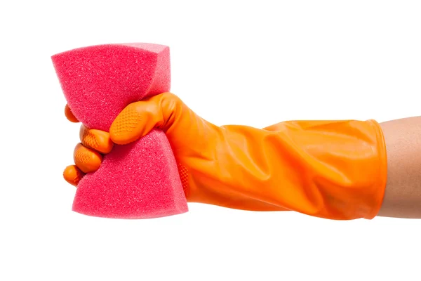 Hand in glove holding sponge, isolated on white background. — Stock Photo, Image