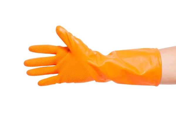 Hand i orange handske. Isolerad på en vit bakgrund. — Stockfoto