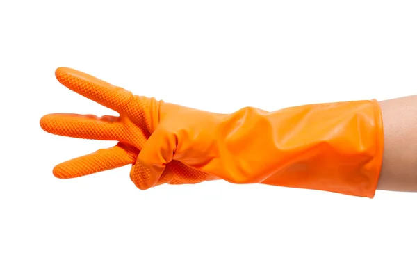 Mão em luva laranja contar até três — Fotografia de Stock