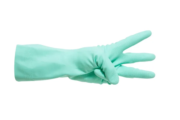 Hand mit grünem Handschuh zählt bis drei — Stockfoto