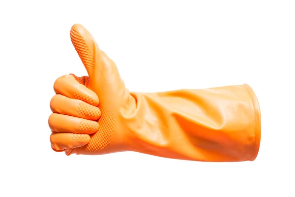 Daumen hoch mit einem orangefarbenen Vinylhandschuh auf weißem Hintergrund mit Pfad — Stockfoto