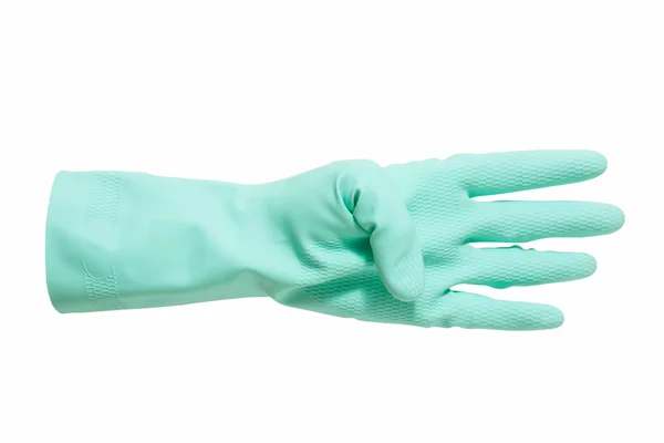 La mano en guante verde cuenta hasta cuatro aislados en blanco — Foto de Stock