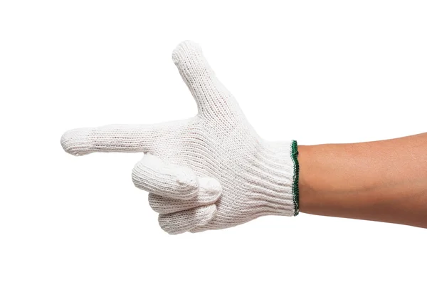 Hand mit weißem Handschuh zeigt Hand auf etwas — Stockfoto