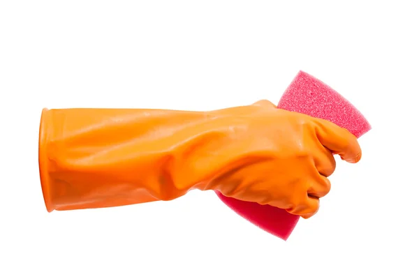 Hand in glove holding sponge, isolated on white background. — Stock Photo, Image