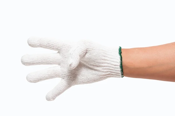 Main dans le nombre de gants blancs à quatre isolé sur blanc — Photo