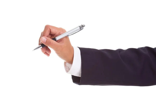 商人手上白色孤立的一支钢笔 — 图库照片