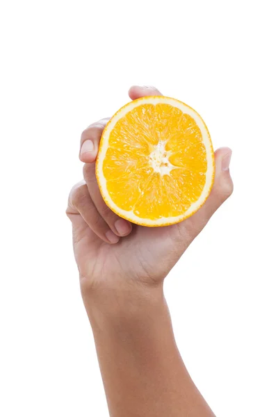 女性手里拿的橙片，在白色的背景 — 图库照片