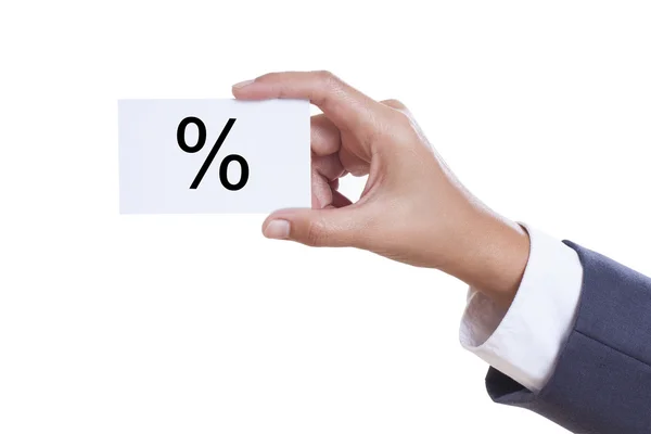 Empresário mão mostrando a alguém seu cartão de visita com por cento, porcentagem, juros . — Fotografia de Stock