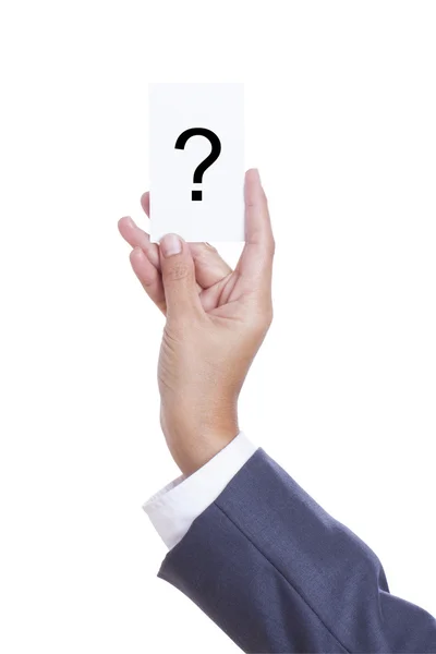 Empresario mano mostrando a alguien su tarjeta de visita con signo de interrogación — Foto de Stock